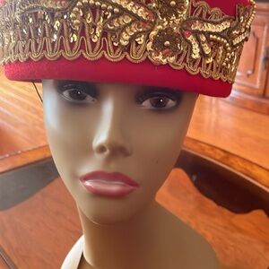 Elegant Red and Gold Embellished Hat